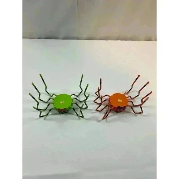 HALLOWEEN METAL SPIDER T-LITE CANDLE HOLDERS‎ GREEN ORANGE SET OF TWO - Picture 5 of 8